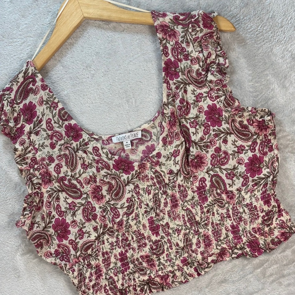 Patrons‎ of Peace Women's Smocked Floral Paisley Crop Top Ruffle Sleeve M